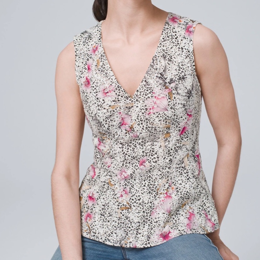 WHBM v neck sunset floral peplum embroidered top